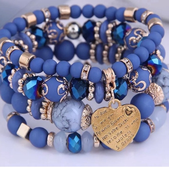 Jewelry - Multilayered Beads NWT  Denim Blue Crystal bead  Bracelet w/gold heart c…